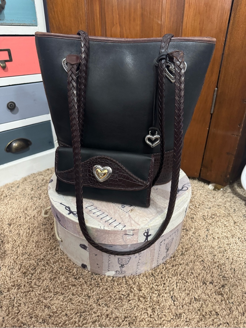 Brighton Bucket Bag & Wallet Set Vintage Black Leather Western Handbag